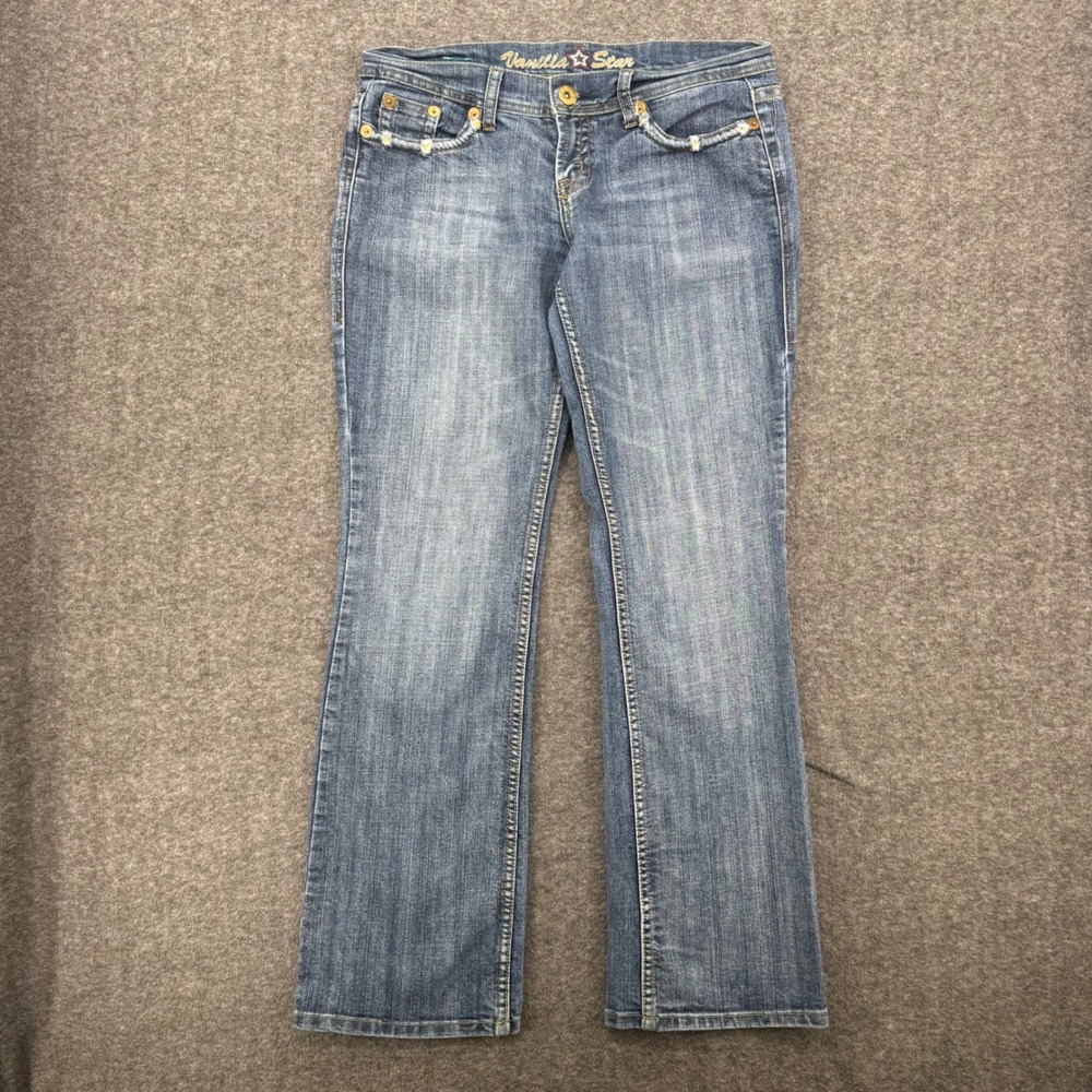 Vanilla Star Womens Low Rise Bootcut Jeans Medium Wash Daisy Embroidered Size 11